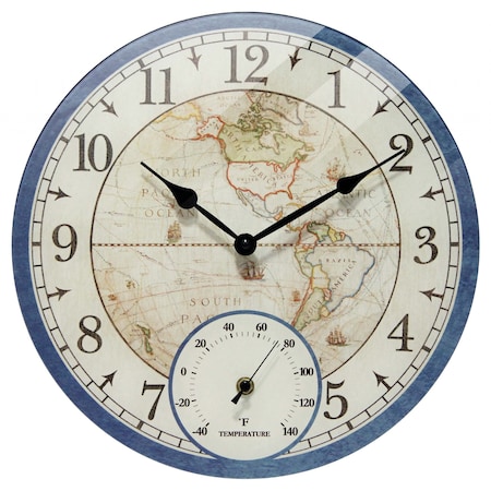 Orbis All Weather Clock - 14 Round World Map, Built-in Thermometer, Indoor/Outdoor